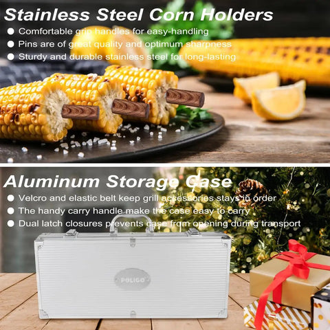 Heavy Duty BBQ Grill Tools Set With Non Slip Stainless Steel Utensils shown: corn holders gripping corn, aluminum storage case.