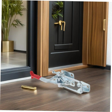 Premium Heavy Duty Toggle Latch Clamps Set Of 2 With Stupendous 2183 Lb Hold Power on a wooden floor by a door.