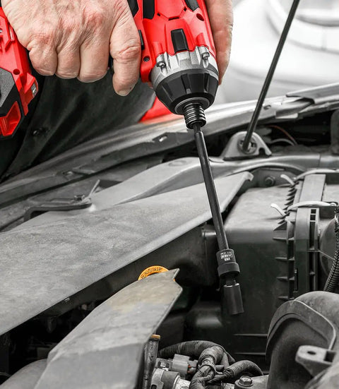 Impact Universal Joint Set 3-Piece 1/4 Inch Drive U-Joints in use with cordless electric impact wrench for engine