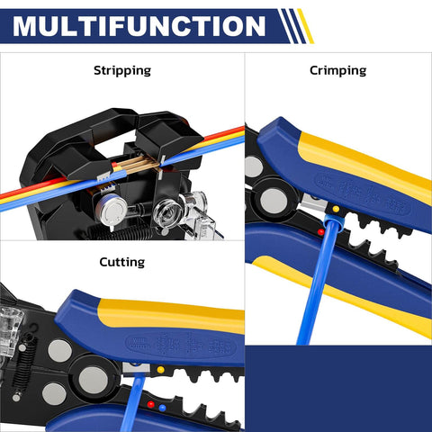 Multifunction tool demonstrating stripping, crimping, and cutting with Eight Piece Rapid Replace Ratchet Crimping Tool Set With Pressure Regulation And Automatic Wire Stripper For Heat Shrink And Ferrule Connectors Open Barrel Non Insulated Solar Ready Includes Six Crimp Die Options For End Terminals.