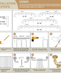 Installation steps for Gold Industrial Curtain Rods For Windows 48 To 84 Inches, including wood and wall measurements.