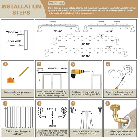 Installation steps for Gold Industrial Curtain Rods For Windows 48 To 84 Inches, including wood and wall measurements.