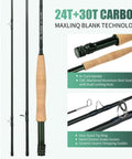 All-In-One Fly Fishing Starter Kit With 5 Weight 9 Ft 4-Piece Rod, close-up of cork handle with reel seat and fly guides.