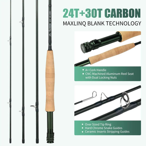 All-In-One Fly Fishing Starter Kit With 5 Weight 9 Ft 4-Piece Rod, close-up of cork handle with reel seat and fly guides.