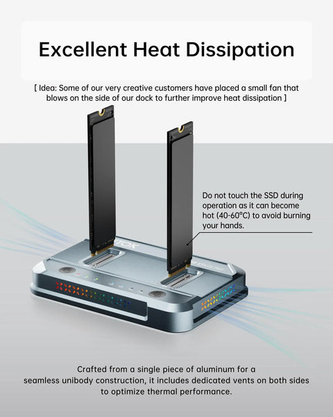 Industrial Grade Dual Bay M.2 SSD Cloner Serving Hella Fast 20Gbps NVMe Duplicator Throughput, heat dissipation design and SSD slots