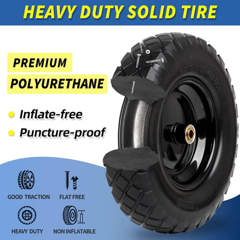 Solid Flat Free Tire And Wheel For Garden Cart 4.80/4.00-8 Inch, 16 Inch Diameter, close-up view of heavy-duty polyurethane tire