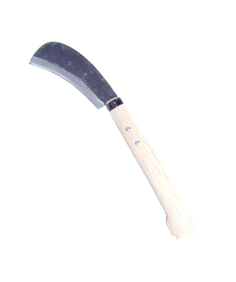 Curved blade sickle with wooden handle, suitable for gardening or harvesting tasks, showcasing traditional design.