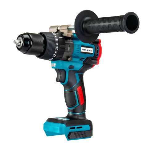 Cordless Impact Drill And Driver With One Half Inch Chuck, Brushless Motor Delivers 150 Nm Max Torque, Two Speed Up To 2150 RPM, Hammer Mode For Heavy Duty Work, Compatible With Makita 18V Batteries, Battery Not Included displayed from front with side handle