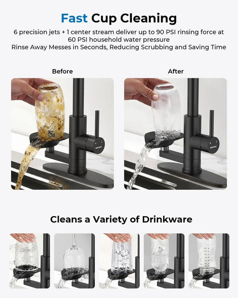 Kitchen Faucet with Glass Rinser, Pull Down Sprayer, 3 Water Modes cleaning cups with powerful jets before and after.
