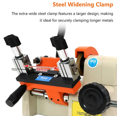 Close-up of steel widening clamp on Top Shelf Metal Parts Duplicator With High Precision Hardware Cutter, shows 98mm capacity.