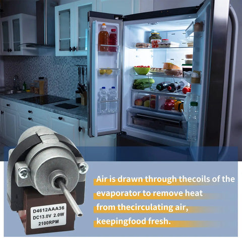 Refrigerator Evaporator Fan Motor Replacement For Kenmore D4612AAA36 in open kitchen setting showing food inside fridge