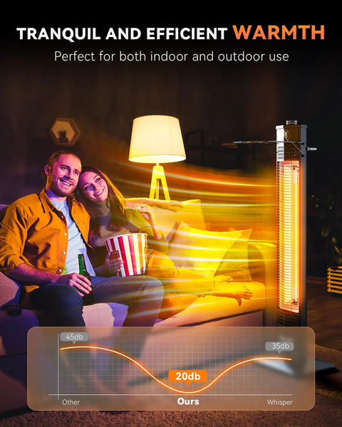 Couple enjoying warmth from Go To Outdoor Infrared Patio Heater 1500W 36 Inch Tower with Three Heat Levels in cozy living room