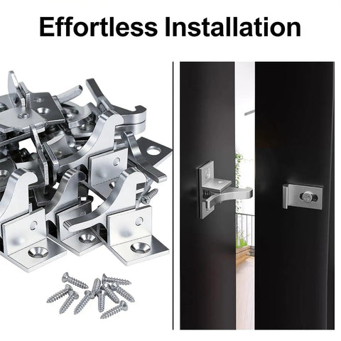 Brass Elbow Cabinet Door Window Latch Set 8 Pack With 24 Mounting Screws shown with an open door installation view.