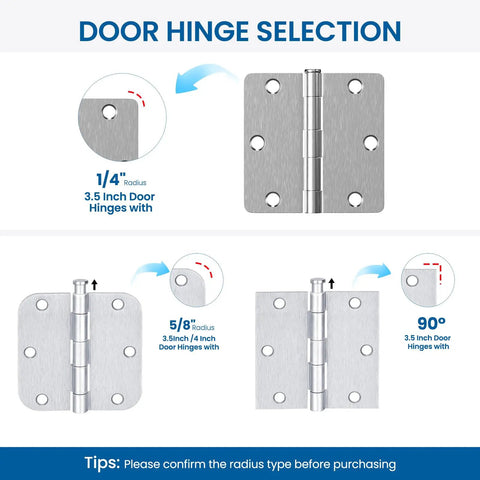 18 Pack Brushed Nickel Door Hinges Three And A Half Inch By Three And A Half Inch Interior Hinge With One Quarter Inch Radius Satin Nickel Finish Built For Steel Residential Doors Fits Bedroom And Standard Doors door hinge selection guide showing different radius types 1/4, 5/8, 90 degrees