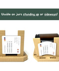 Label Application Tool For Jars And Bottles With Adjustable Height And Width Aligner Base And Two Sticking Columns Three Configurations For Aligning Drink Food And Candle Labels Made From PLA Bioplastic In USA Easy Setup And Use, shown in vertical and horizontal positions.