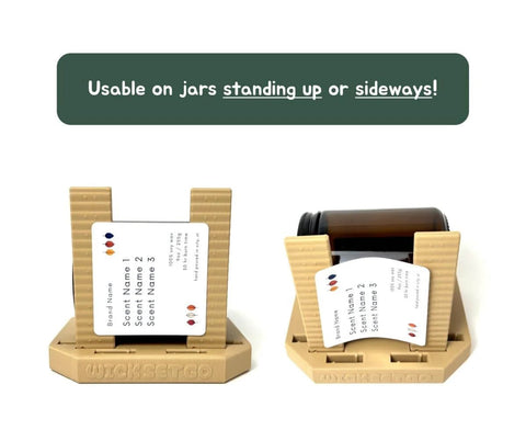 Label Application Tool For Jars And Bottles With Adjustable Height And Width Aligner Base And Two Sticking Columns Three Configurations For Aligning Drink Food And Candle Labels Made From PLA Bioplastic In USA Easy Setup And Use, shown in vertical and horizontal positions.