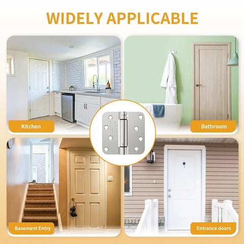 adjustable tension door hinges in various home locations including kitchen, bathroom, basement entry, and entrance doors