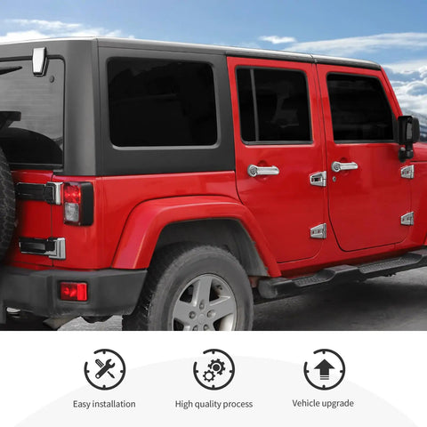 Premium 48Pc Chrome Exterior Trim Decor Kit For Jeep Wrangler JK And JKU Models Covers Handles Hinges Hood Caps Spare Tire Lids Perfect Fitment Stylish Upgrade Made Right Now on red Jeep JK