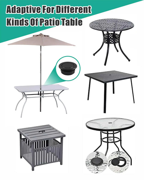 Two Pack Thicker Patio Table Umbrella Hole Ring Plug Caps Outdoor Parasol Hole Covers Inserts Stabilize Wind Prevent Scratches And Table Swing Fits Two Inch Holes Durable Backyard Table Accessory shown with various patio tables.