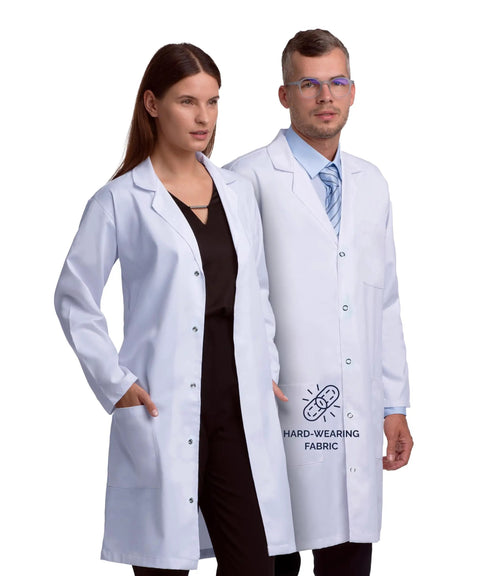 Two models wearing Unisex Pro Lab Coat With Snap Closure Full Length 40 Inch White Poly Cotton Go To Workwear Coat For Men And Women.