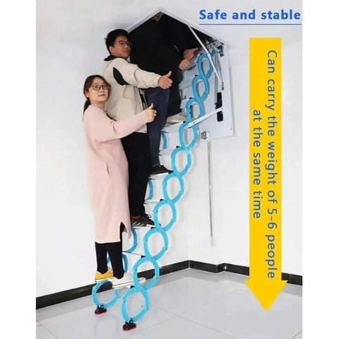 Heavy Duty Telescopic Electric Pull Down Attic Ladder With Sweet One Touch Remote showing multiple people using the stable ladder.