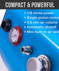 Close-up of Quiet One Eighth Horsepower Airbrush Compressor With Small Tank, highlighting controls and features.