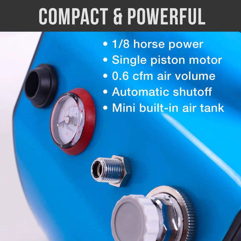 Close-up of Quiet One Eighth Horsepower Airbrush Compressor With Small Tank, highlighting controls and features.