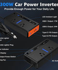 300W Car Power Inverter With Dual 110V AC Outlets And Heavy Duty Cigarette Lighter Plug Adapter featuring USB ports and LED display.