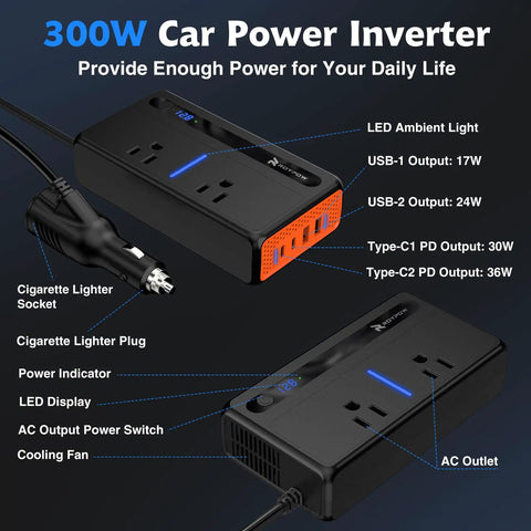 300W Car Power Inverter With Dual 110V AC Outlets And Heavy Duty Cigarette Lighter Plug Adapter featuring USB ports and LED display.
