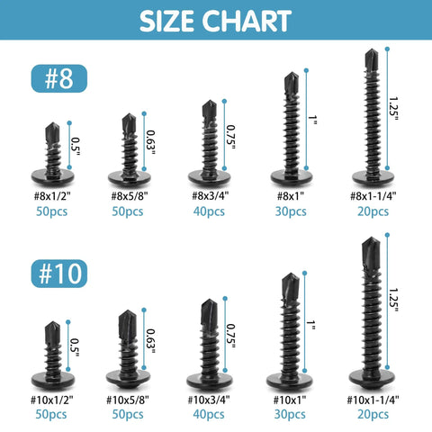 Size chart for Stainless Steel Self Tapping Screws Kit With 380 Pieces Black Oxide TEK Screws, showing sizes #8 and #10.