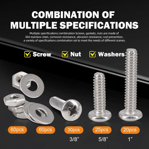 Ultimate 180-Piece Stainless Steel Bolt and Screw Combo Kit: Includes screws, nuts, washers in 3/8, 5/8, 1 inch for DIY projects