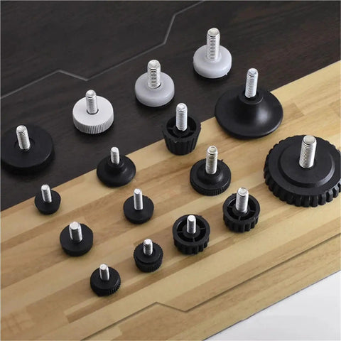 Assorted Adjustable Furniture Feet Floor Protectors Set For Tables Chairs And Cabinets No Slip Leveling Pads On Wood Surface