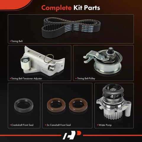 All In One Timing Belt Kit With Water Pump For 1.8L Volkswagen And Audi Models 2000 2006 Including Beetle Jetta Golf Passat TT Quattro And A4 Quattro Engine Timing Belt Tensioners And Water Pump showing complete kit parts including timing belt, tensioner adjuster, pulley, and seals.