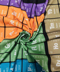 Close-up of crumpled colorful Periodic Table Wall Tapestry For Classrooms And Home showing elements, polyester material.