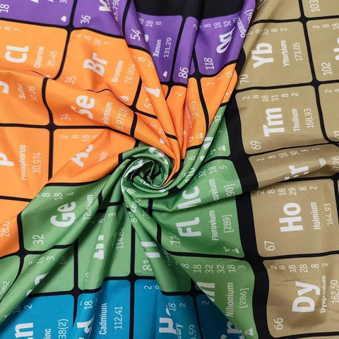 Close-up of crumpled colorful Periodic Table Wall Tapestry For Classrooms And Home showing elements, polyester material.
