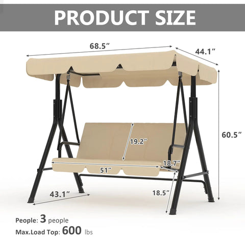 Outdoor Porch Swing With Adjustable Canopy, 3 Seat Patio Swing On A Sturdy Stand For Adults showing dimensions and capacity