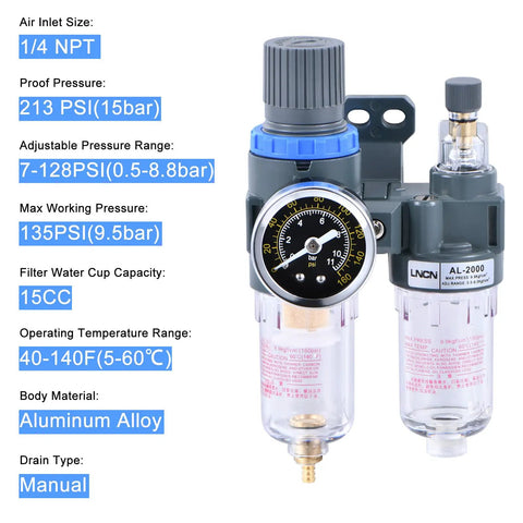One Quarter Inch Air Compressor Filter With Integrated Pressure Regulator Water Oil Trap Separator And Lubricator Cup AFC2000 shown with pressure dial and aluminum alloy body.