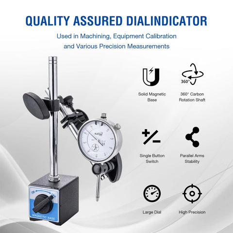 KATSU dial indicator with magnetic base and stand, 0-1 inch range, 0.001 inch precision, 22 indicator points with case