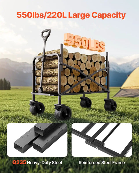 3-in-1 Collapsible Wagon With Wheels carrying logs, 550lbs capacity, reinforced steel frame, ideal for outdoor utility use