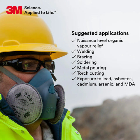 Worker wearing P100 Advanced Respirator Filter 2297 Pair with heavy duty protection in industrial environment, facing left