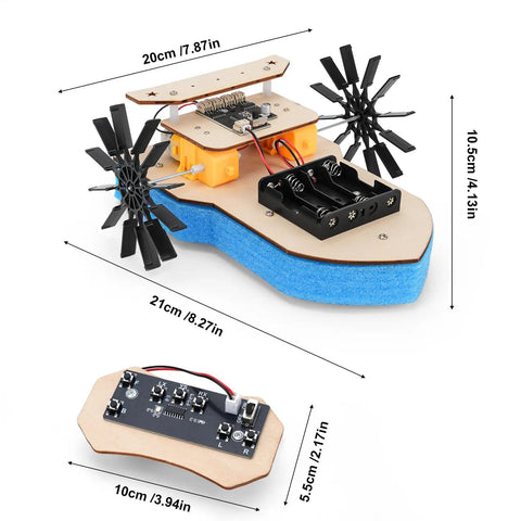 Remote Control Boat Building Kit For Kids Ages 8-12, Paddle Boat Fun, STEM Science Project with dimensions and components shown