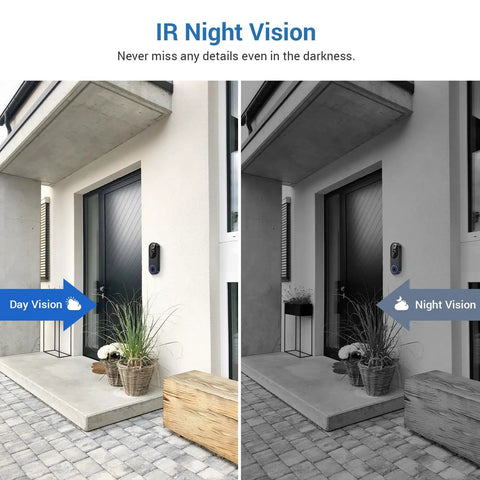 "Comparison of day and night vision of 1080P Wireless Video Doorbell Cam With AI Human Detection, Crystal Clear Night Vision, Two Way Talk, 2.4GHz WiFi, Indoor And Outdoor Home Security Cam For Front Door And Yard, Cloud Storage Sold Separately" with IR night vision at a front door entryway.
