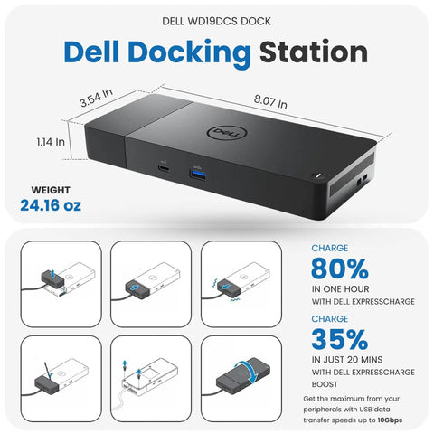 Heavy Duty Usb C Docking Station For Precision Workstations Dual Monitor Hub With 240 Watt Power Delivery, Dell WD19DCS Dock design and dimensions.