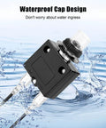 3 Amp Resettable Circuit Breaker Push Button Switch With 18 Awg Lead Wires Hex Nut Mount, waterproof cap design, shown in water.