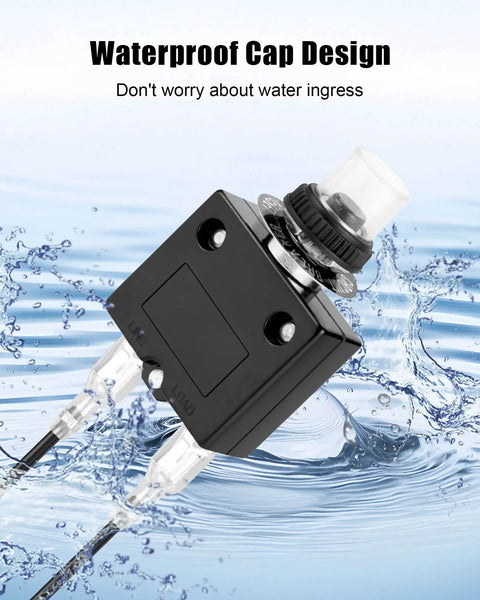 3 Amp Resettable Circuit Breaker Push Button Switch With 18 Awg Lead Wires Hex Nut Mount, waterproof cap design, shown in water.