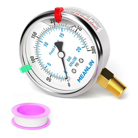 Stainless Steel Silicone Oil Filled Pressure Gauge 0-300 Psi 1/4 NPT 2.5 Inch Dial Lower Mount Workhorse Gauge Built For Air Water Oil Systems Industrial Use