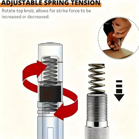 Adjustable spring tension feature of Bad Ass 5 Inch Spring Loaded Automatic Center Punch Tool for custom strike force.