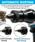 Close-up of 2 In 1 Cordless Rivet And Nut Gun Kit with M3 M12 nut heads showing automatic riveting feature for DIY projects.