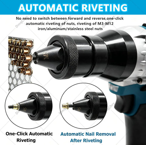 Close-up of 2 In 1 Cordless Rivet And Nut Gun Kit with M3 M12 nut heads showing automatic riveting feature for DIY projects.