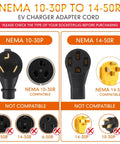 NEMA 10-30P to 14-50R EV Charger Cord with compatibility guide and prohibited plugs, heavy duty design.